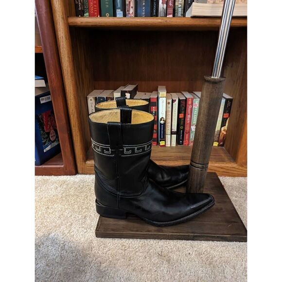 Rudel Rogers black pointed toe cowboy boots sz 8 EE white Aztec style stitching - Picture 6 of 6